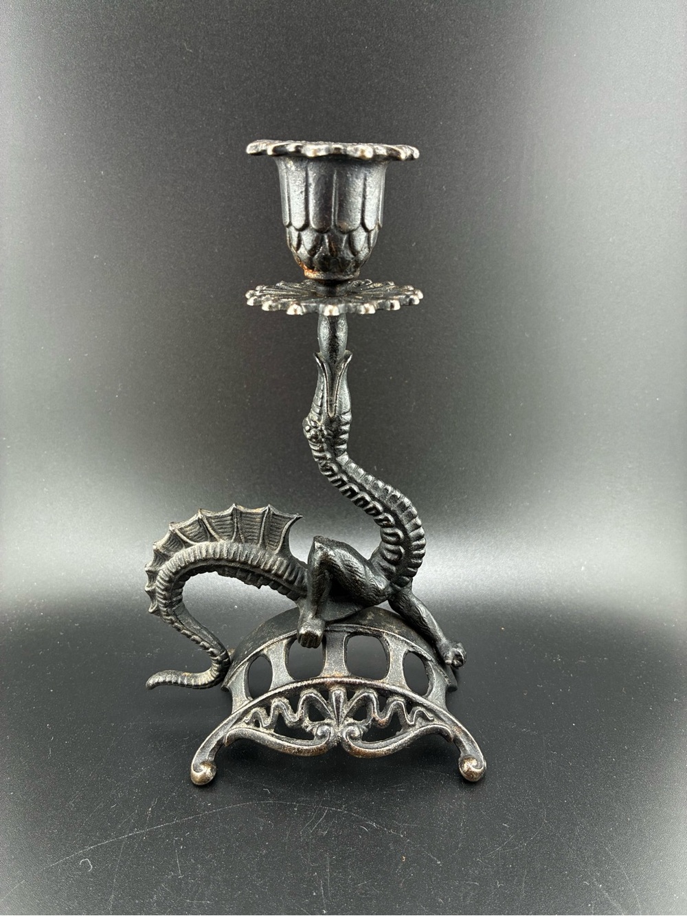 Vintage cast iron Dragon Candle Holder - Black
